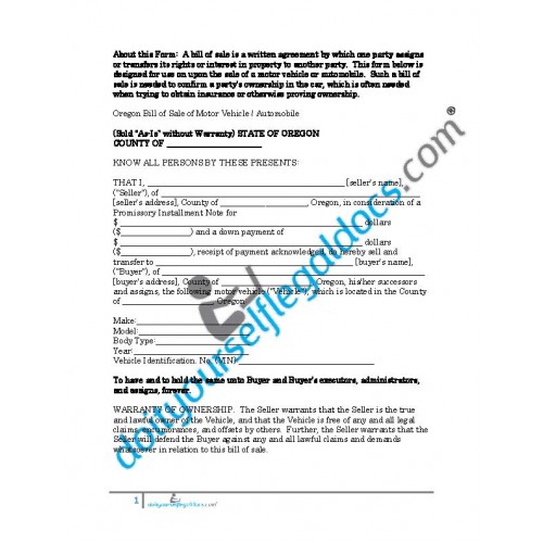 Bill Of Sale Of Motor Vehicle Automobile Oregon Sold Without Warranty Business Document Form Download Online