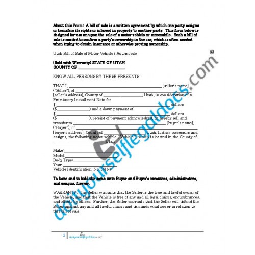 bill of sale of motor vehicle automobile utah sold with warranty business document form download online